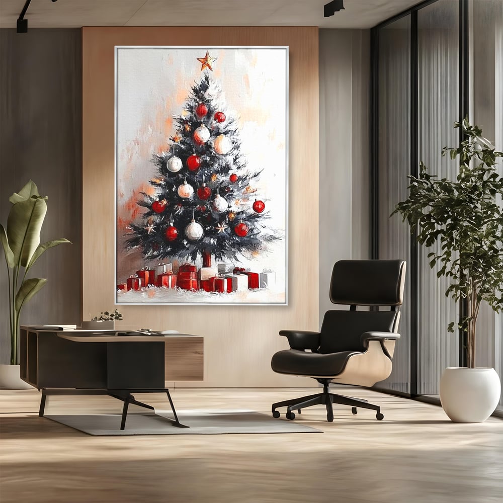 Tablou canvas cu tablou canvas cu brad de craciun pictat, in rama de aluminiu argintiu, pe perete intr-un birou